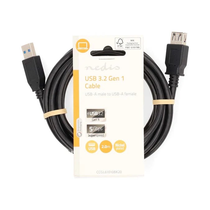 Câble USB-A mâle/femelle - 2m - Noir - Connectique PC - 0