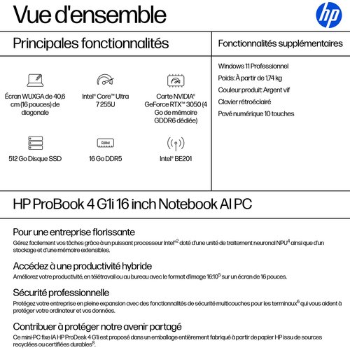 PROBOOK 4 G1 - 16" FHD+ 60Hz U7-225U 16Go 512Go W11P - Achat / Vente sur grosbill.com - 3