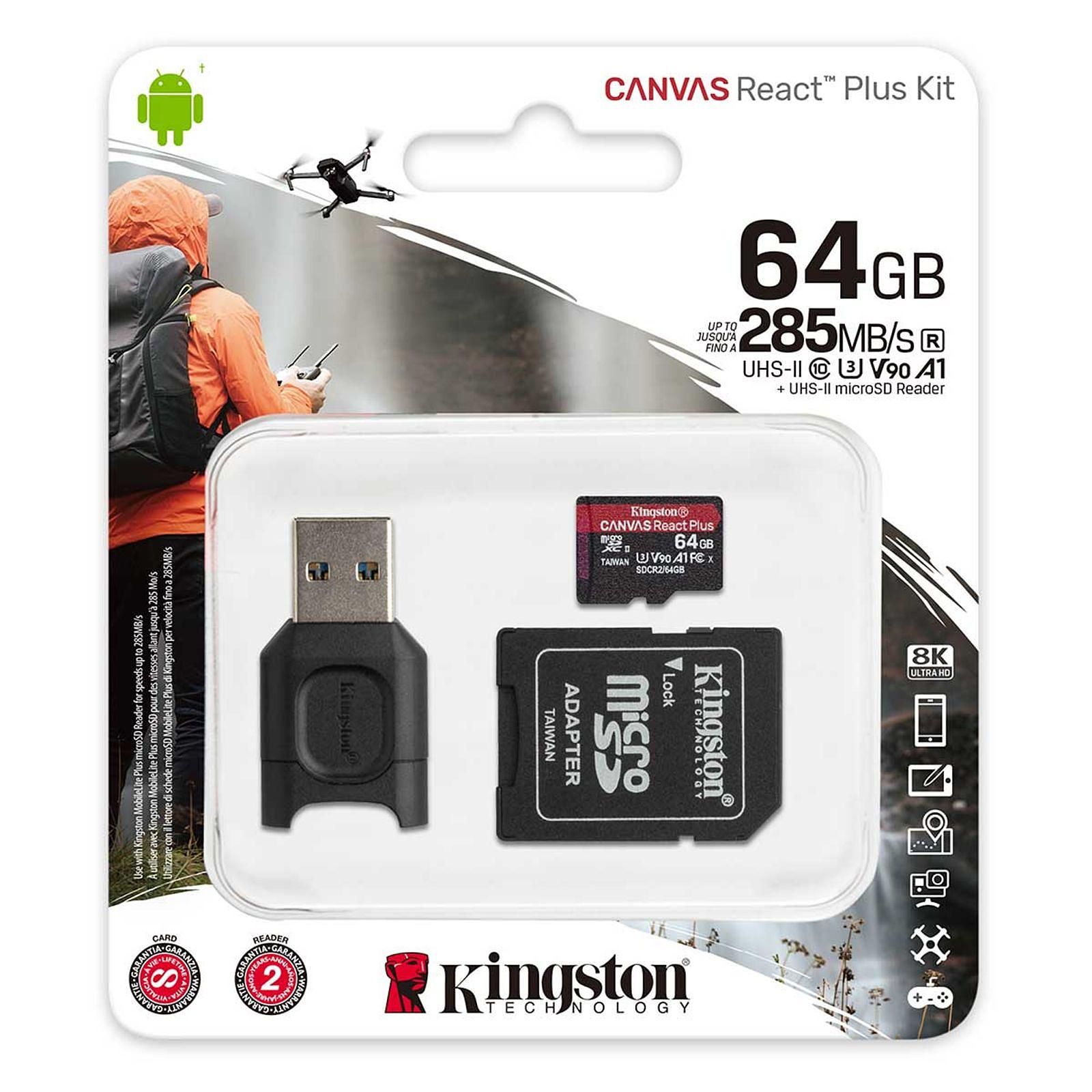 Kingston Micro SDHC 64Go C10 UHS-II V90 + Adapt MLPMR2/64GB - Carte mémoire - 1