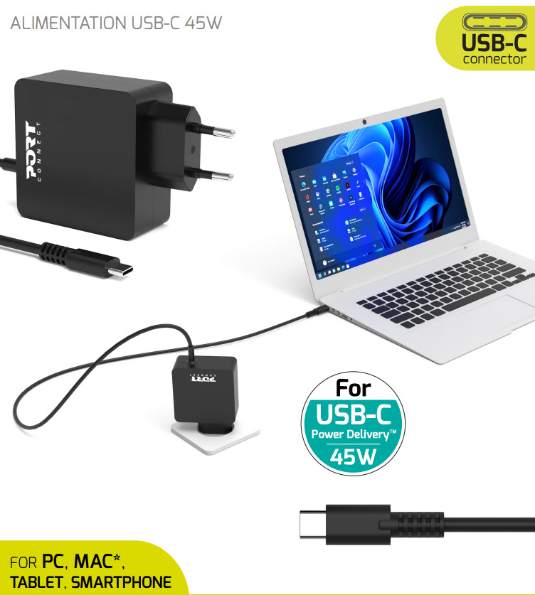 Alimentation secteur USB-C 65W pour ordinateur PC, tablette ou smartphone