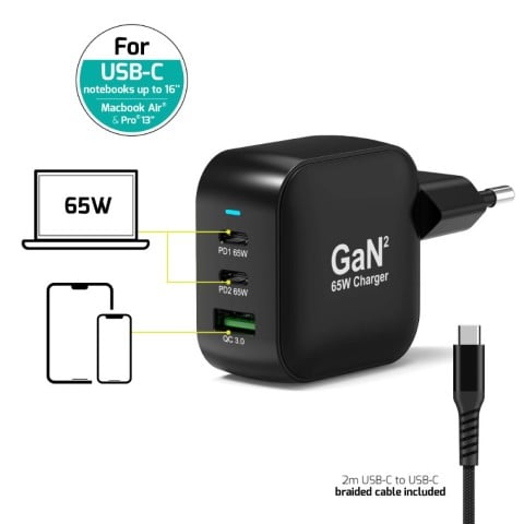 Port Chargeur mural 65W GaN 3 ports + Câble USB-C - 2m (902065PEU) - Achat / Vente Chargeur sur grosbill.com - 1