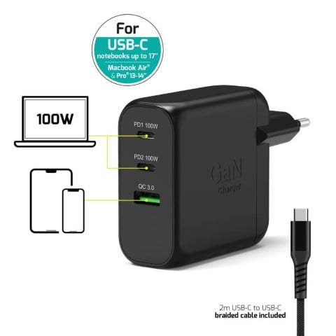 Port Chargeur mural GaN 100W - 3 ports + Câble USB-C 2m (902100EPEU) - Achat / Vente Chargeur sur grosbill.com - 1