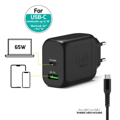 Port Chargeur mural GaN 65W - 2 ports + Câble USB-C 2m (902065EPEU) - Achat / Vente Chargeur sur grosbill.com - 1