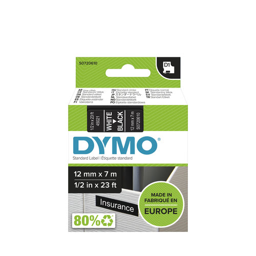 Ruban D1 12mm x 7m Blanc sur Noir S0720610 pour imprimante Ruban Dymo - 1