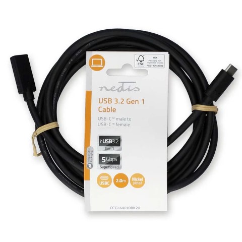 Câble USB-C 3.2 mâle/femelle - 60W - 2m - Noir - Connectique PC - 0