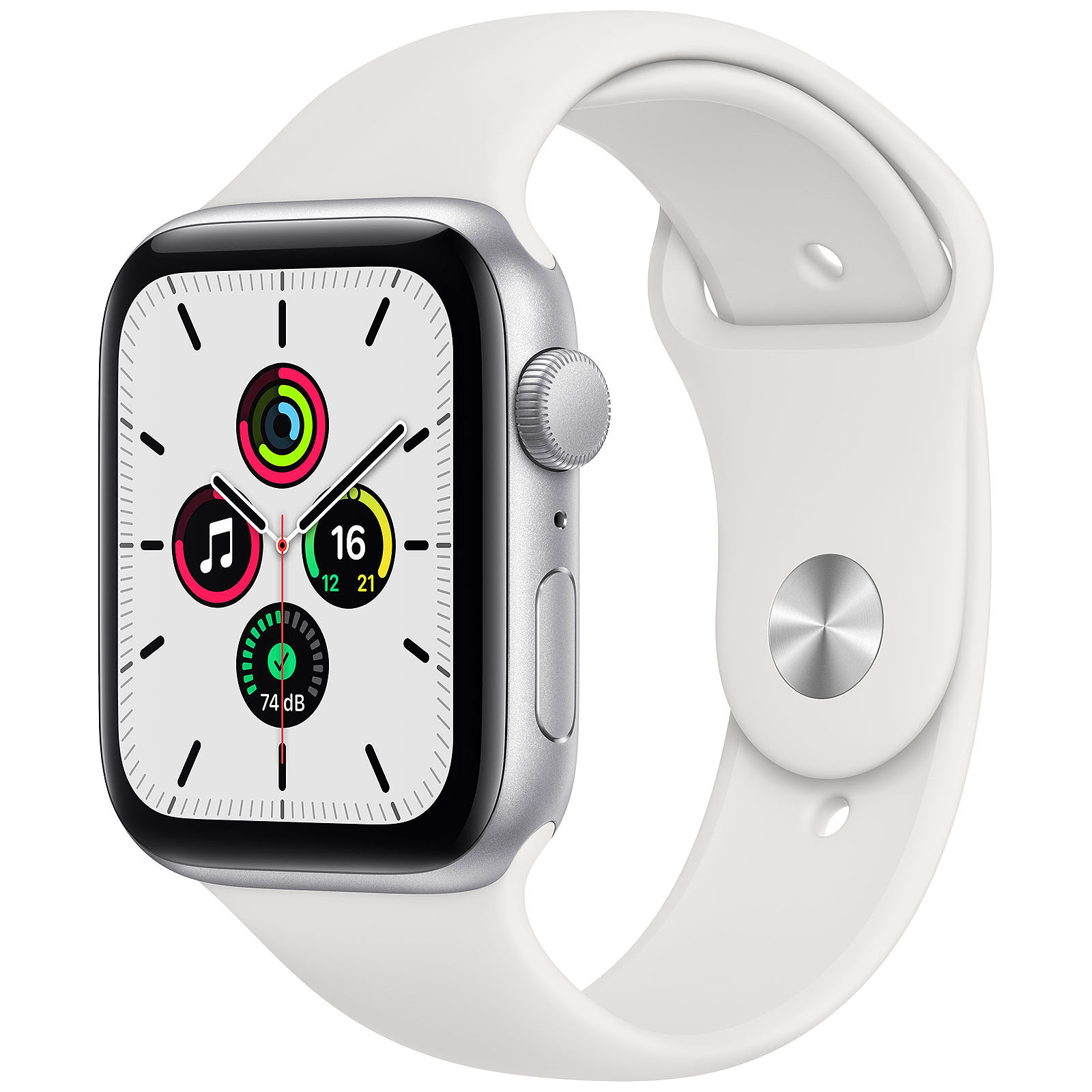 Apple Watch SE Cadre 44mm Aliminum Argent Bracelet Blanc MYDQ2NF
