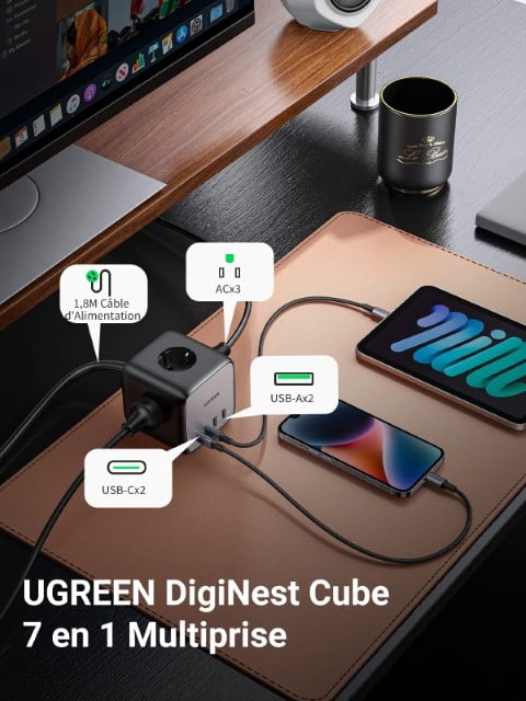 UGREEN Station de charge cube 7 ports - 65W - Noir/Gris (60113) - Achat / Vente Chargeur sur grosbill.com - 1