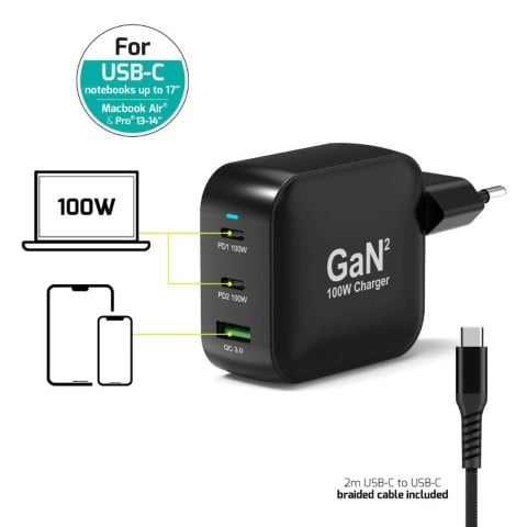 Port Chargeur mural 100W GaN 3 ports + Câble USB-C - 2m (902100PEU) - Achat / Vente Chargeur sur grosbill.com - 4