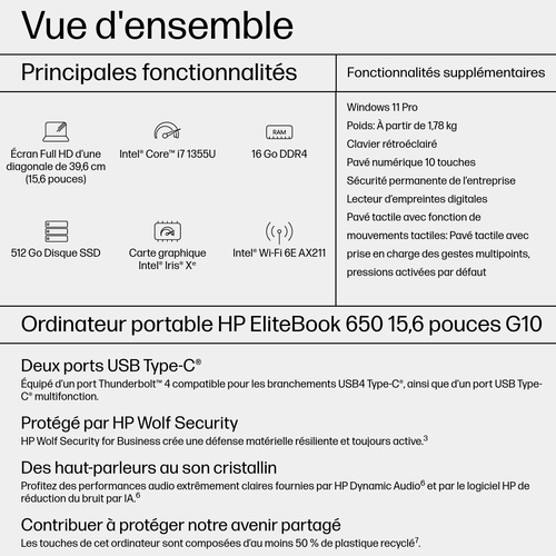 EB650G10 I7-1355U 15 16GB/512 - Achat / Vente sur grosbill.com - 16
