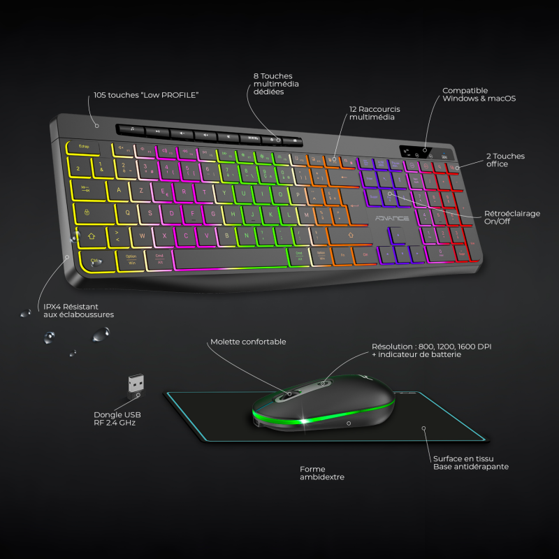 Advance R-TYPE Combo Noir Sansfil/RGB/Batterie/IPX4/WinMac - Pack Clavier/Souris - 3