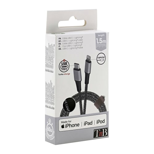 Câble USB-C/Lightning - 1,5m - nylon RPET - Noir - Connectique PC - 4