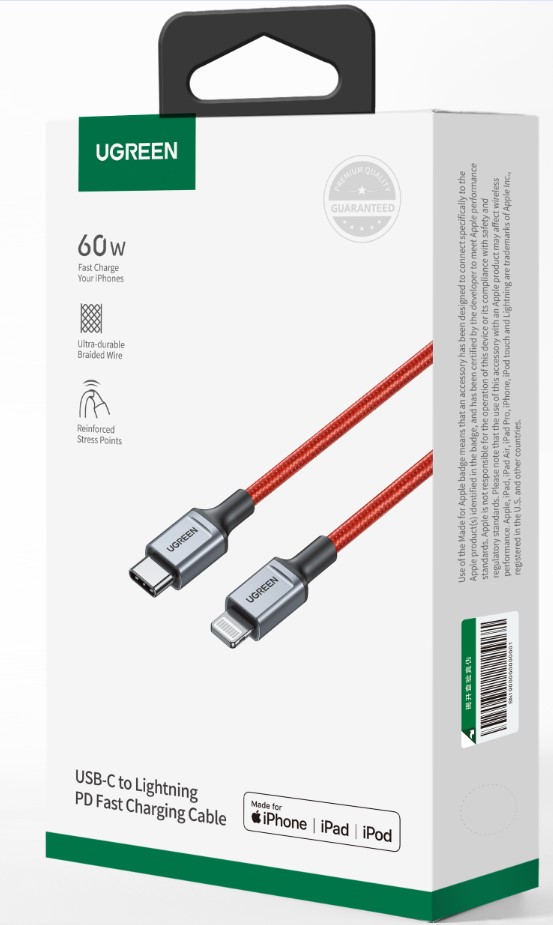 Câble USB-C vers Lightning/Tressé/60W/1m/Rouge - Connectique PC - 1