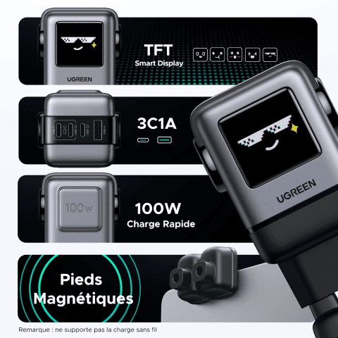 UGREEN Chargeur rapide robot 100W 4 ports - USB-A + 3xUSB-C - Gris (X688) - Achat / Vente Chargeur sur grosbill.com - 2