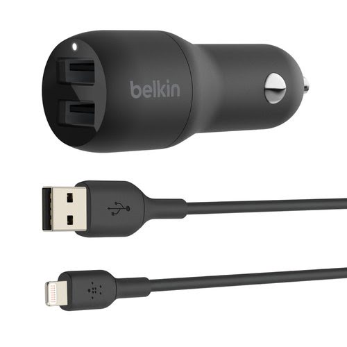 Belkin Dual USB-A Car Charger w/1M PVC A-LTG