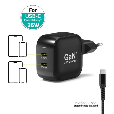 Cable Chargeur mural 35W - 2 ports USB-C+Câble USB-C-2m - Accessoire téléphonie Port - 1