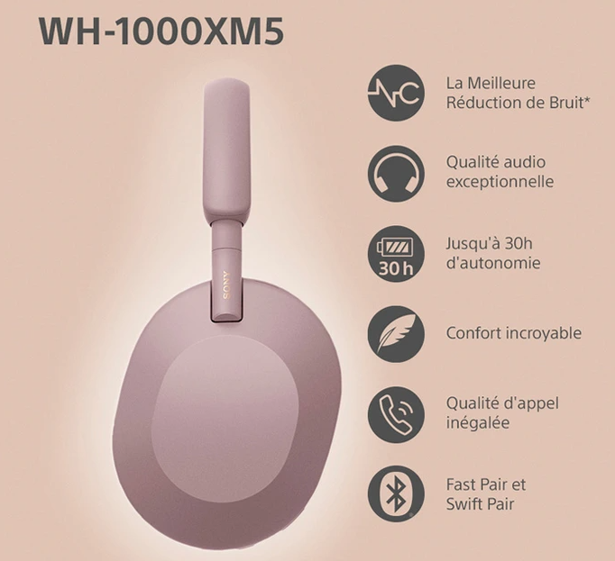 Sony WH-1000XM5 Rose Stereo Rose - Micro-casque - grosbill.com - 4