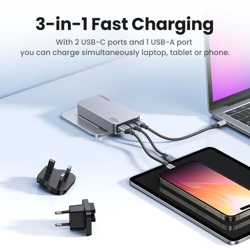 UGREEN Chargeur secteur 3 ports - 65W - Gris (25356) - Achat / Vente Chargeur sur grosbill.com - 1