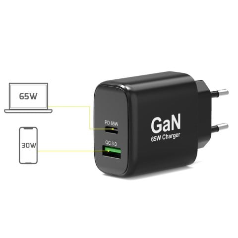 Port Chargeur mural GaN 65W - USB-C/USB-A - Noir (902104EU) - Achat / Vente Chargeur sur grosbill.com - 2
