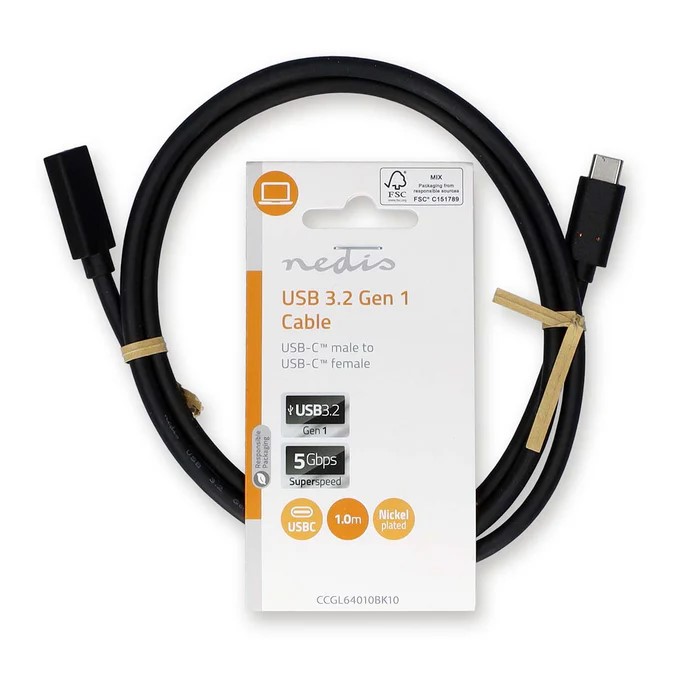Câble USB-C 3.2 mâle/femelle - 60W - 1m - Noir - Connectique PC - 0