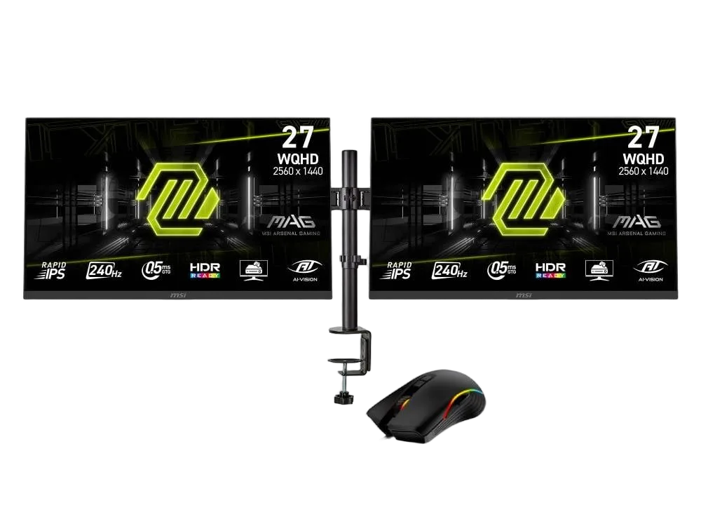 MSI 2 x 27" QHD 240Hz Fast-IPS FreeSync Premium + Support double + Souris — vue 1