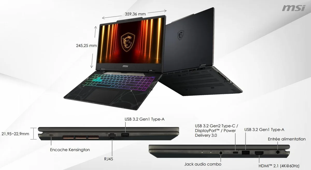 MSI Cyborg 15 B2RWFKG-299XFR - 15.6" Core 5 210H RTX 5060 32Go 512Go Sans OS — vue 5