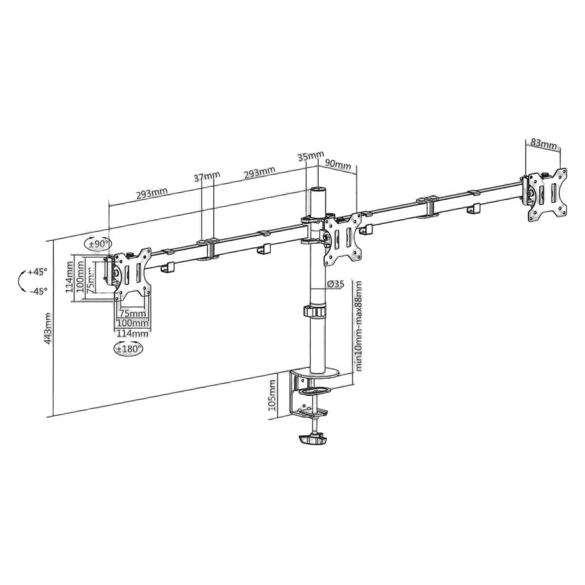 Kimex International Support bureau 3 écrans 13" à 27" VESA 100x100 — vue 2