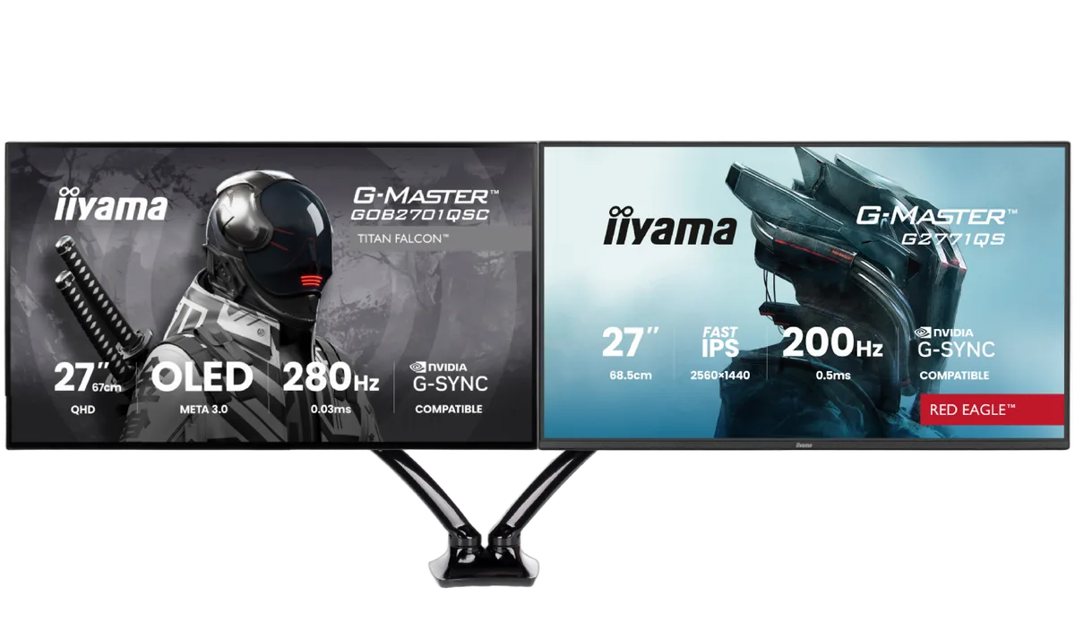Iiyama 27" WOLED QHD 280Hz/USB-C 65W/G-SYNC + 27" QHD 200Hz IPS + Bras double — vue 1