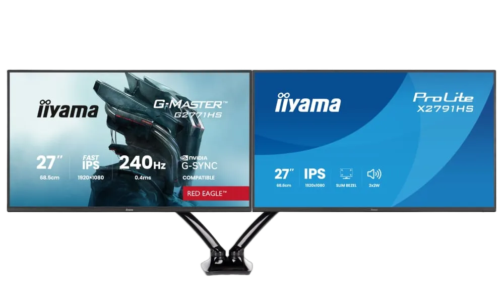 Iiyama 27" FHD 240Hz Fast-IPS G-Sync + 27" FHD 120Hz + Bras double — vue 1