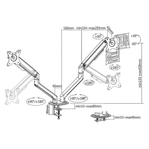 Kimex International Support de bureau Full Motion 2 écrans 17"- 32" VESA Max 100x100 Charge Max 18Kg