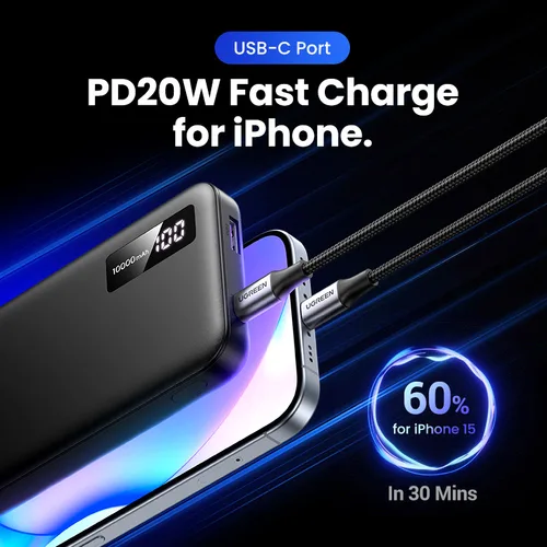 UGREEN USB-C + USB-A - 2 ports - 10000mAh - 20W - Noir