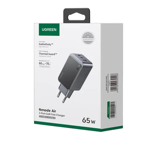 UGREEN Chargeur secteur Nexode S 65W 3 ports - USB-A + 2xUSB-C - Gris