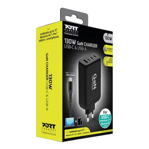 Port Chargeur mural GaN 130W 4 ports + Câble USB-C - 2m